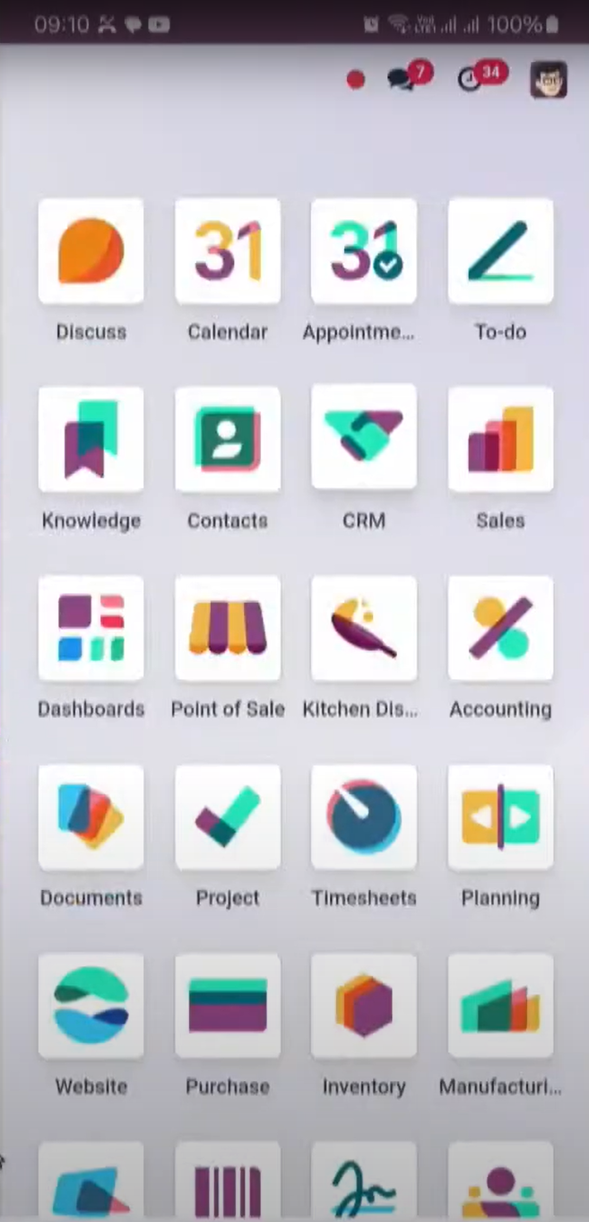 Interface Odoo Mobile - Menu