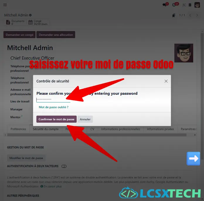 Saisissez votre mot de passe Odoo et confirmez