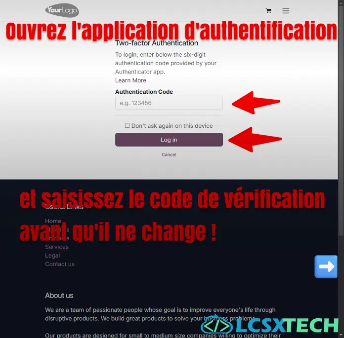 Si la double authentification a bien été configurée, il vous sera demandé de saisir le code d'authentification. Pour cela ouvrez votre application d'authentification et saisissez le code de vérification qui s'affiche pour votre connexion à Odoo.