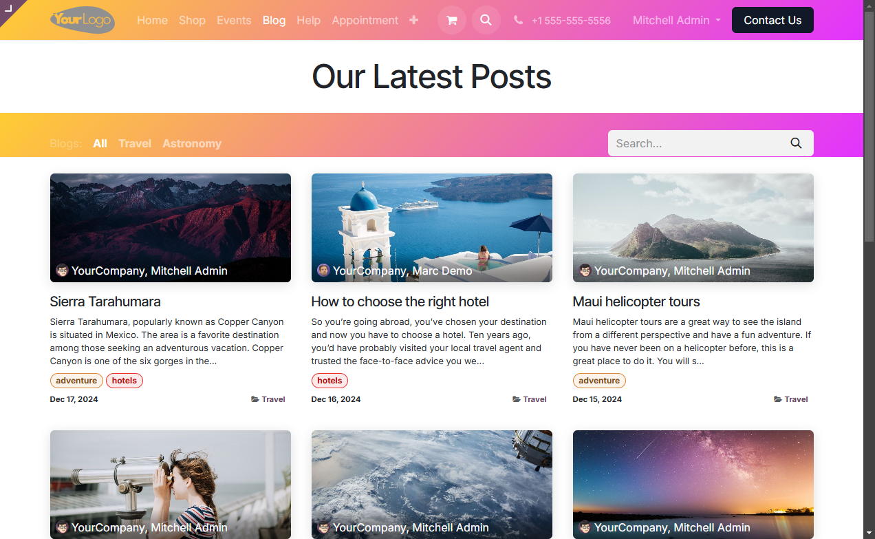 Page Blog de Odoo avec la répétition de couleur de l'entête