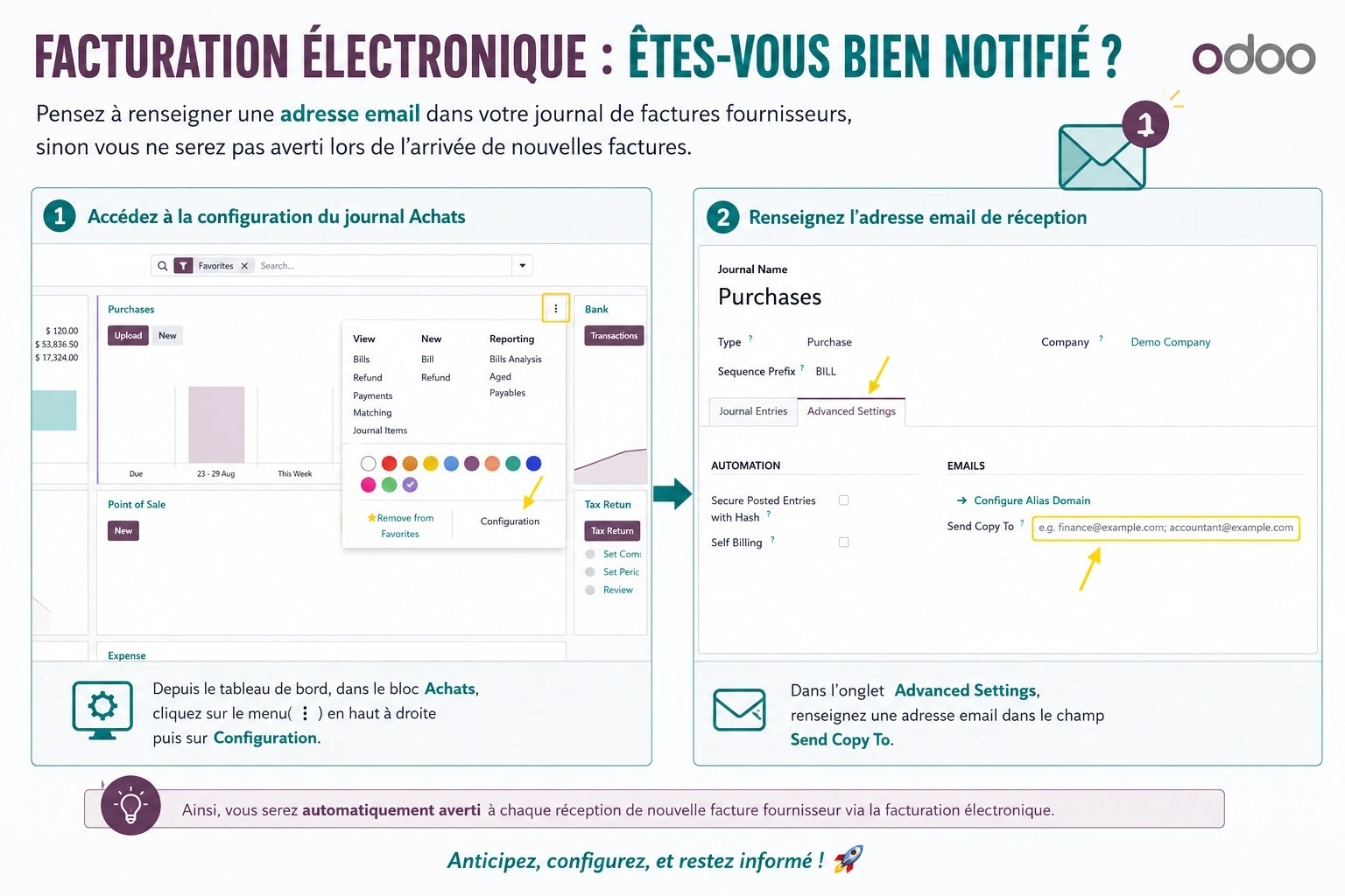Explication pour être notifé de l'arrivée d'une facture dans Odoo