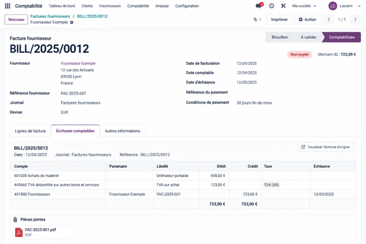 Facture fournisseur comptabilisée dans Odoo