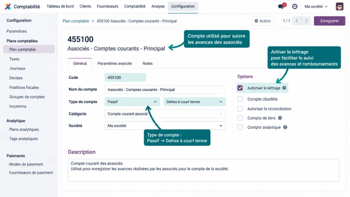 Configurer le compte courant d’associé dans Odoo